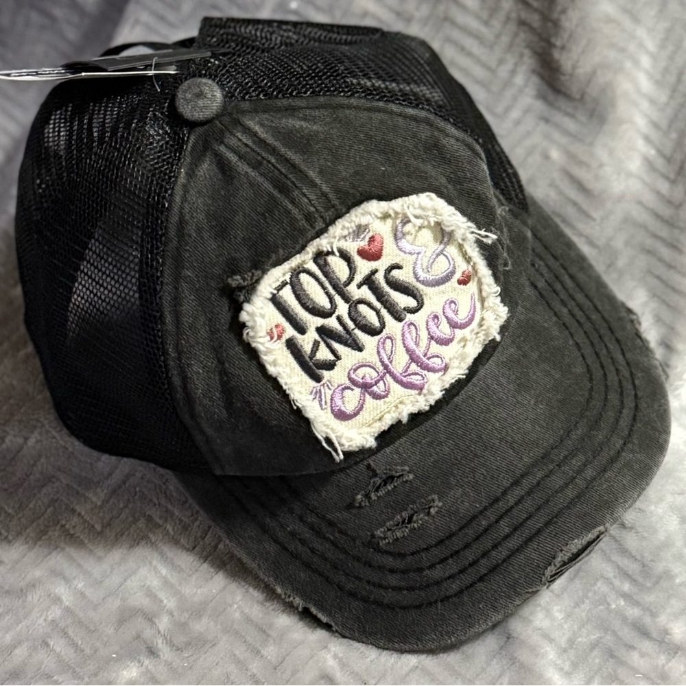 C.C. Top Knots & Coffee Distressed Criss Cross Ball Cap OSFM Black White Purple
